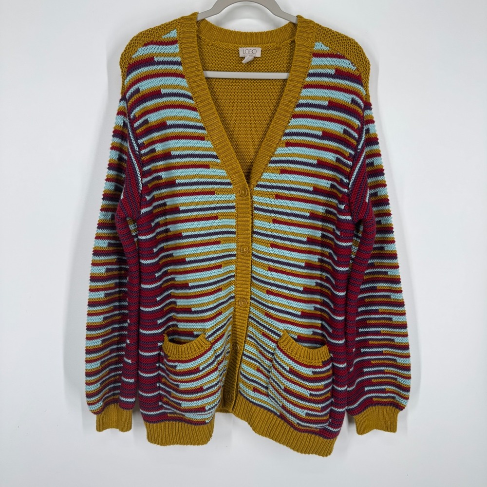 LOGO by Lori Goldstein Women'sLarge Cardigan Sweater  Funky Knit Cozy Fall Boho